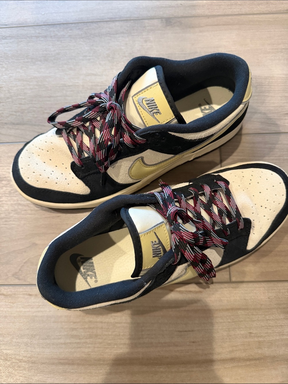 Nike Dunk Sneakers in Cream, Black and Yellow with Multicolor Laces. 10.5W